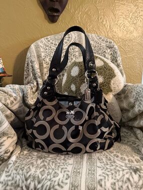 Coach Black and Silver Op Art Madison Maggie Hobo Shoulder Bag